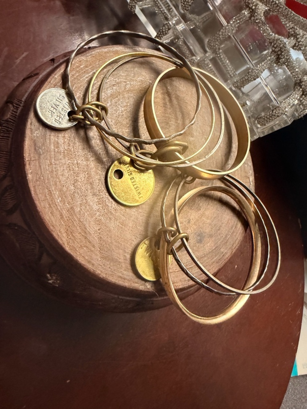 Twisted silver. Gold Tone Stacked Bangle Bracelet Set with Charm